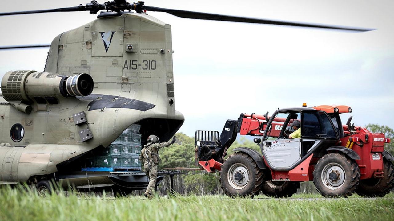 The Australian Defence Force deployed two Chinook helicopters and two AW139 helicopters on December 19 for the mandatory evacuation of 300 people from Wujal Wujal, on the Bloomfield River, following devastating flooding. Picture: ADF