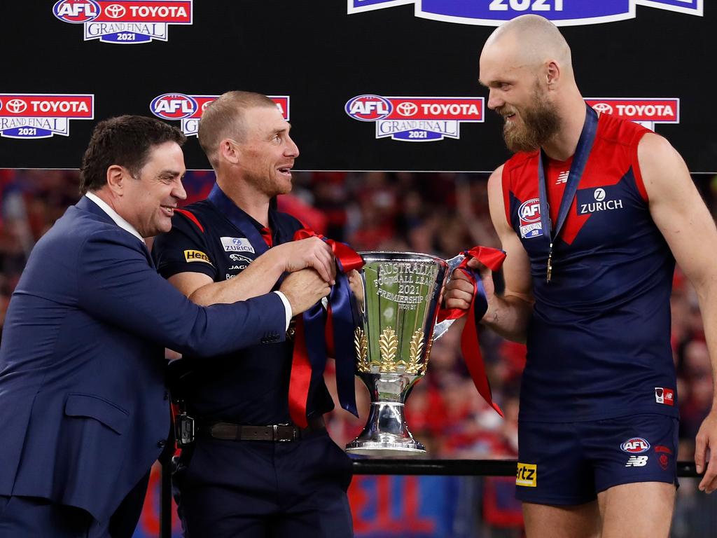 Lyon was there to present the premiership cup to Simon Goodwin and Max Gawn on grand final day. Picture: Michael Willson/AFL Photos via Getty Images