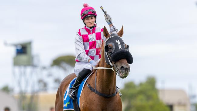 Taylor Johnstone after winning aboard Arugamama at Morphettville in December. Picture: Makoto Kaneko