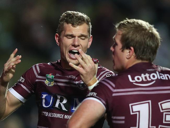 Manly's Tom Trbojevic shows his frustration after a Roosters try during the Manly v Roosters NRL match at Lottoland, Narrabeen. Picture: Brett Costello