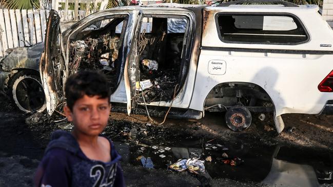 One of the targeted vehicles in Deir Al-Balah, in the central Gaza Strip. Picture: Majdi Fathi/Nur.