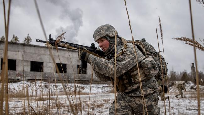 A civilian takes part in basic combat training with the Kiev Territorial Defence unit on Saturday. Picture: Getty Images