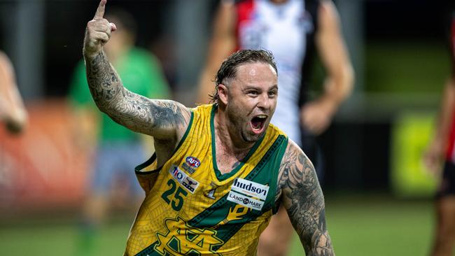 Jack Landt celebrates a goal for St Mary's against Southern Districts in the 2024-25 NTFL grand final. PIcture: Pema Tamang Pakhrin