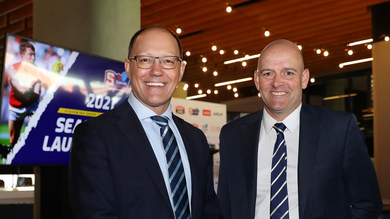 Darren Chandler (right) said the SANFL remainscommitted and focused on redeveloping Thebarton Oval Picture: Sarah Reed