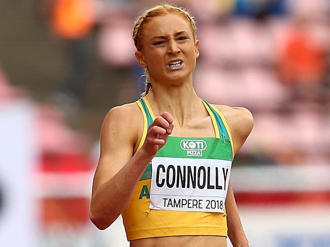 TAMPERE, FINLAND - JULY 11:  Ella Connolly of Australia reacts following heat 3 of the women's 400m semi final on day two of The IAAF World U20 Championships on July 11, 2018 in Tampere, Finland.  (Photo by Charlie Crowhurst/Getty Images for IAAF)