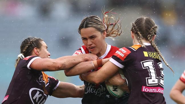 SYDNEY, AUSTRALIA – OCTOBER 25: Botille Vette-Welsh of the Roosters is tackled during the NRLW Grand Final match between the Brisbane Broncos and the Sydney Roosters at ANZ Stadium on October 25, 2020 in Sydney, Australia. (Photo by Cameron Spencer/Getty Images)