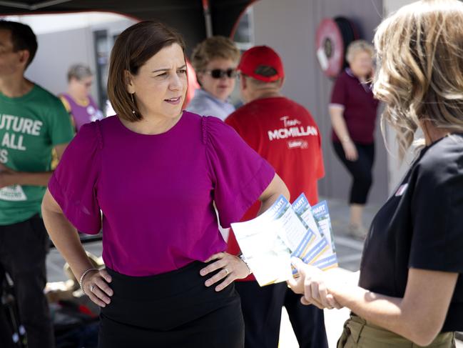 Opposition Leader Deb Frecklington visits the LNP’s candidate for Mansfield Janet Wishart at a pre-polling booth in the electorate yesterday. Picture: Sarah Marshall/NCA NewsWire