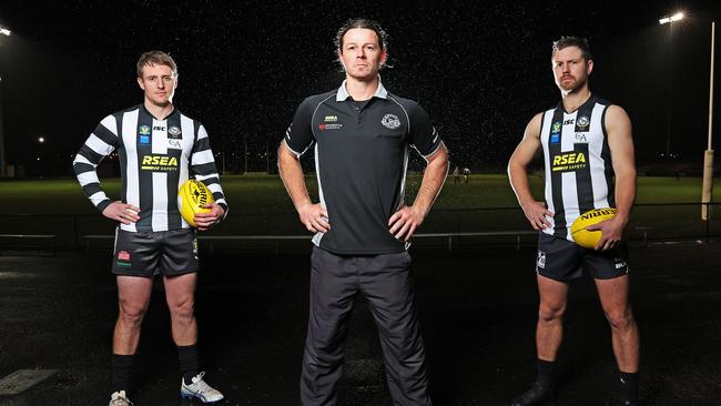 Glenorchy coach Paul Kennedy alongside co-captains, Brayden Webb and Josh Arnold ahead of the TSL season. Picture: ZAK SIMMONDS