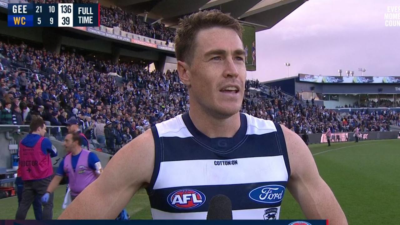 AFL 2021: Jeremy Cameron, Geelong debut, post match interview, GWS trade,  Geelong vs West Coast