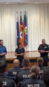 67 NT police recruits welcomed by Chief Minister Natasha Fyles, Police Minister Brent Potter, and Police Commissioner Michael Murphy