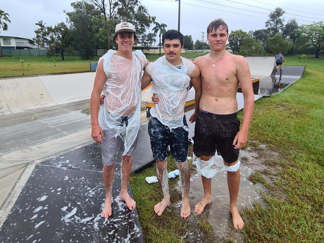 Liam Winkcup, 17, Taj Tencate, 18, and Tom Freeman, 18, all of Rochedale, had a blast at Tudor Park in Loganholme. Picture: Jodie O'Brien