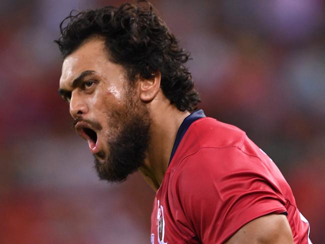 Reds player Karmichael Hunt reacts on the siren after the Reds won the 1st round Super Rugby match between the Queensland Reds and the Sharks from South Africa, at Suncorp Stadium in Brisbane, Friday, Feb. 24, 2017. (AAP Image/Dave Hunt) NO ARCHIVING, EDITORIAL USE ONLY