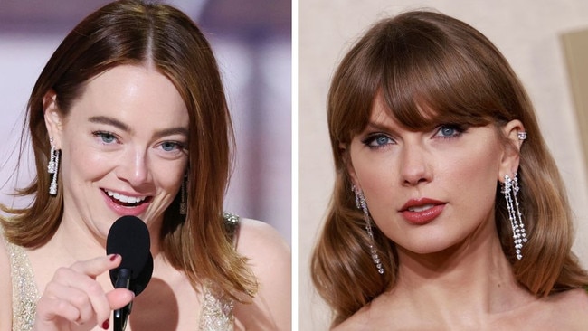 Emma Stone and Taylor Swift. Picture: Rich Polk/Golden Globes 2024; Amy Sussman/Getty Images