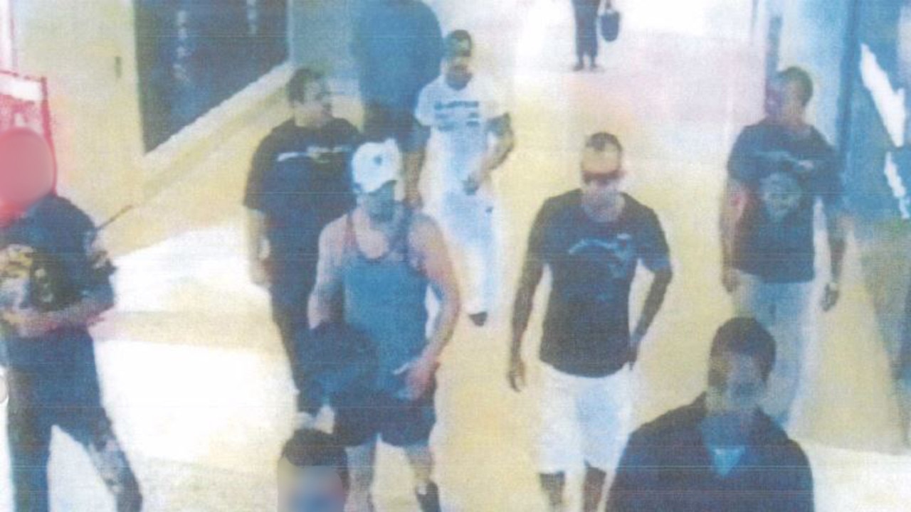 Airport CCTV showing Hawi at the back in white. Immediately in front of Hawi to his right is Frank La Rosa. In the cap is Zoran Kisacanin, Next to him is Tiago Costa. Behind Costa is “Tusa” and in the very front right is Pomare “Peter” Pirini. Source: Supplied