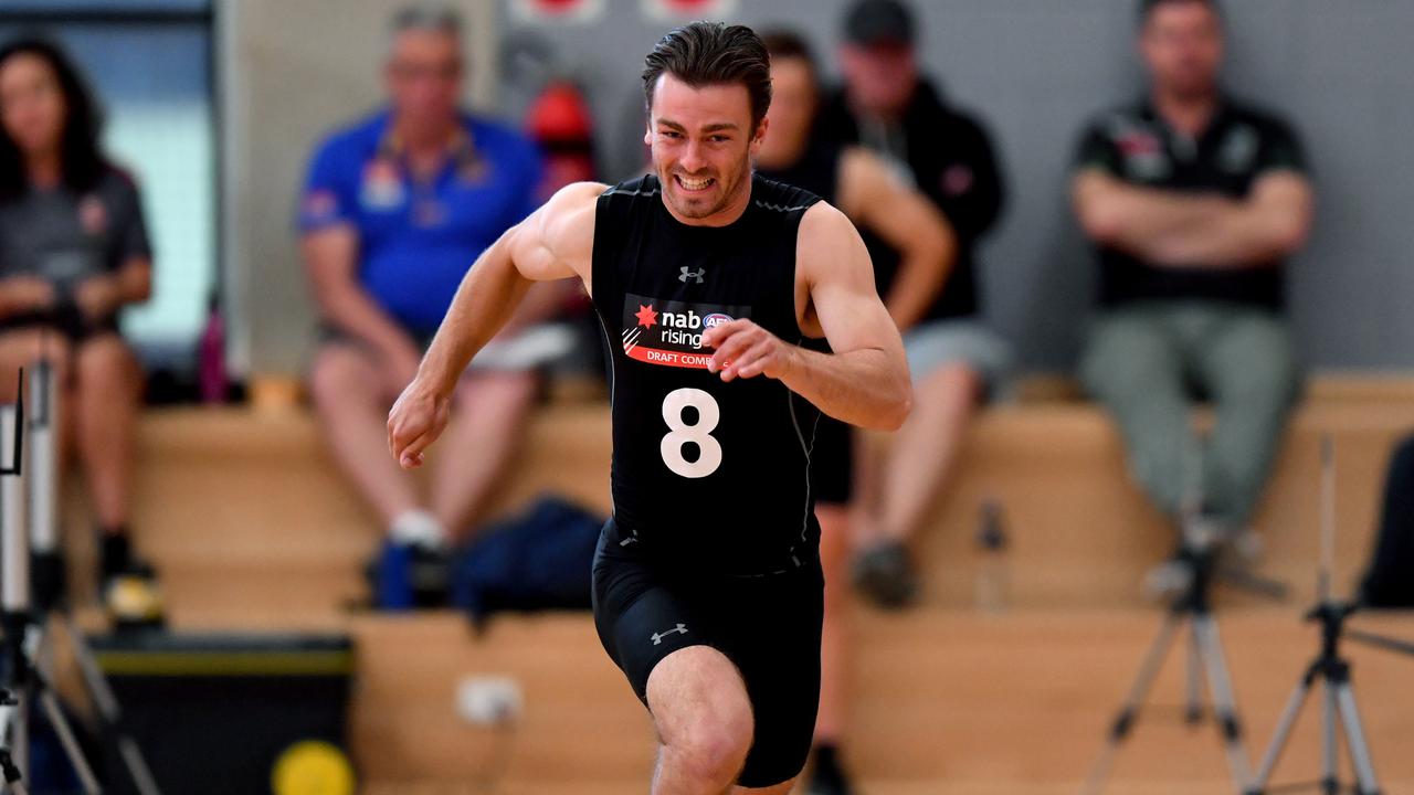 Luke Partington undertakes a sprint test during the 2019 NAB AFL State Draft Combines at Prince Alfred College in Adelaide, Saturday, October 12, 2019. (AAP Image/Sam Wundke) NO ARCHIVING