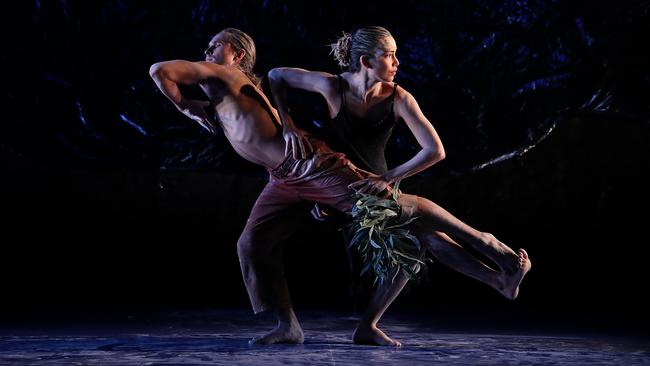 Baden Hitchcock and Rika Hamaguchi preview Bangarra Dance Theatre’s new production SandSong at the Sydney Opera House. Picture: Getty