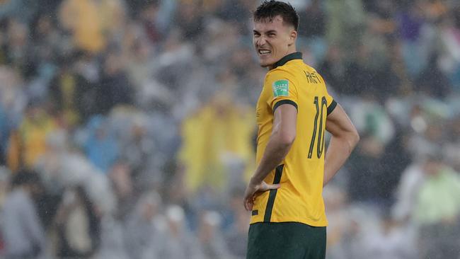 DAILY TELEGRAPH - 24 MARCH, 2022. Socceroos Ajdin Hrustic  shows his frustration after missing a shot on goal during the AFC World Cup qualifier between the Socceroos and Japan at Stadium Australia, Homebush. Picture: Toby Zerna