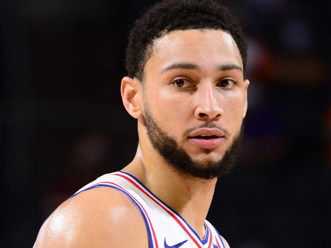 PHOENIX, AZ - FEBRUARY 13: Ben Simmons #25 of the Philadelphia 76ers looks on during the game against the Phoenix Suns on February 13, 2021 at Talking Stick Resort Arena in Phoenix, Arizona. NOTE TO USER: User expressly acknowledges and agrees that, by downloading and or using this photograph, user is consenting to the terms and conditions of the Getty Images License Agreement. Mandatory Copyright Notice: Copyright 2021 NBAE   Barry Gossage/NBAE via Getty Images/AFP (Photo by Barry Gossage / NBAE / Getty Images / Getty Images via AFP)