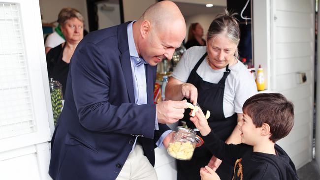 Treasurer, Josh Frydenberg on the campaign trail at Rathmines Reserve Hawthorn with his son Blake 5. Rebecca Michael.