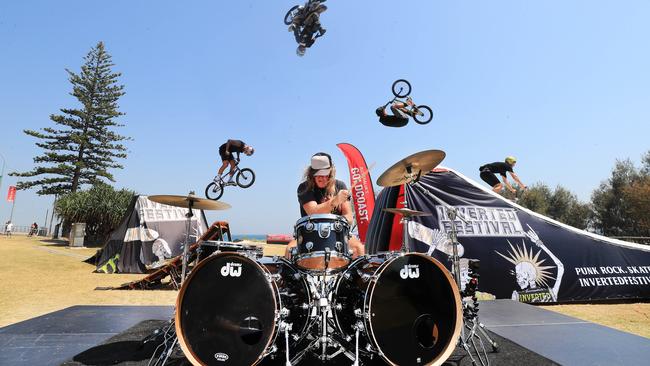 Australia's top action sports athletes join music icon Kram, from Spiderbait, to mark the launch of a new event on the Gold Coast, Inverted Festival. Photo: Scott Powick.