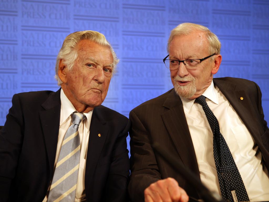 Former Prime Minister of Australia Bob Hawke with Chancellor of The Australian National University Gareth Evans at the National Press Club in Canberra. Picture: Gary Ramage