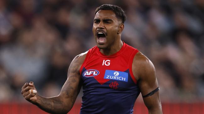 MELBOURNE, AUSTRALIA - AUGUST 23: Kysaiah Pickett of the Demons celebrates a goal during the round 24 AFL match between Melbourne Demons and Collingwood Magpies at Melbourne Cricket Ground, on August 23, 2024, in Melbourne, Australia. (Photo by Darrian Traynor/Getty Images)