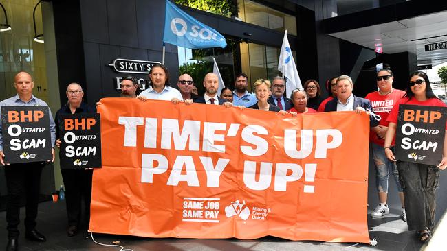 ACTU Secretary Sally McManus and labour hire workers address the media in Brisbane Picture: NewsWire / John Gass