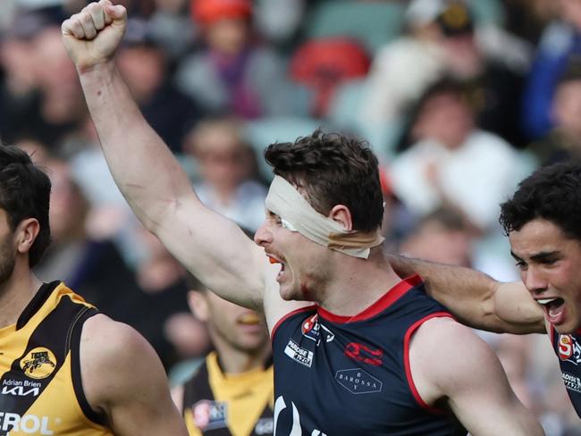 Harry Boyd from Norwood reacts after scoring a goal during the SANFL Grand Final match between Norwood and Glenelg at the Adelaide Oval in Adelaide, Sunday, September 22, 2024. (SANFL Image/David Mariuz)