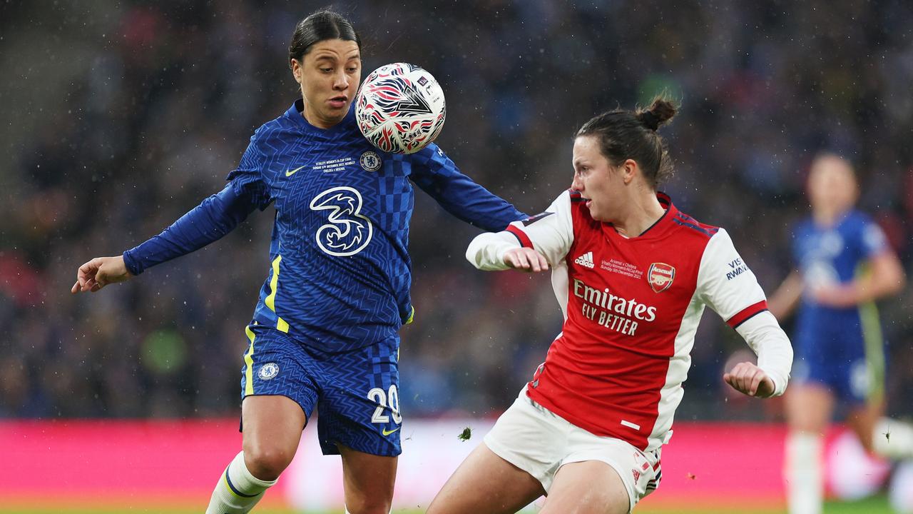 Sam Kerr won three trophies at Chelsea last season and secured the Golden Boot as top scorer in the FA Women’s Super League. Picture: Richard Heathcote/Getty Images