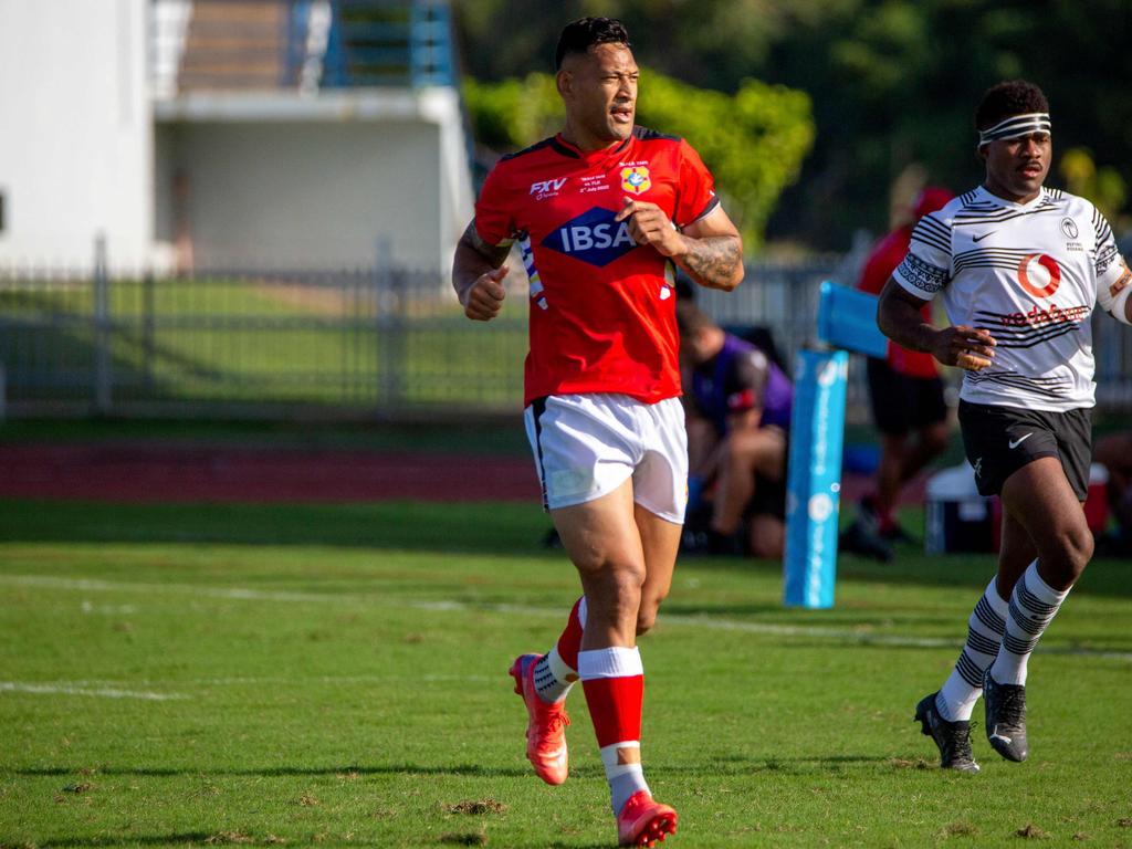 Israel Folau injured his hamstring playing for Tonga against Fiji. Picture: Leon Lord/ AFP)