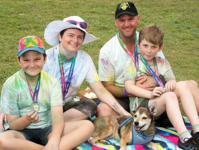 Matthew Davey, Katie Davey, Steven Davey and Harry Davey and dog Ambo at the Mackay Colour Run 2021. Picture: Michaela Harlow