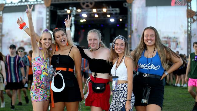 The Grass Is Greener music festival at the Cairns Showgrounds. Alana Berlin, Tia Rivett, Ruby Hallett, Emma Belgrave and Gemma Plackett. PICTURE: STEWART MCLEAN