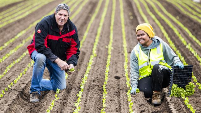 AUSVEG chairman Bill Bulmer with seasonal worker Ritha Fred from Vanuatu on his farm near Bairnsdale in East Gippsland.