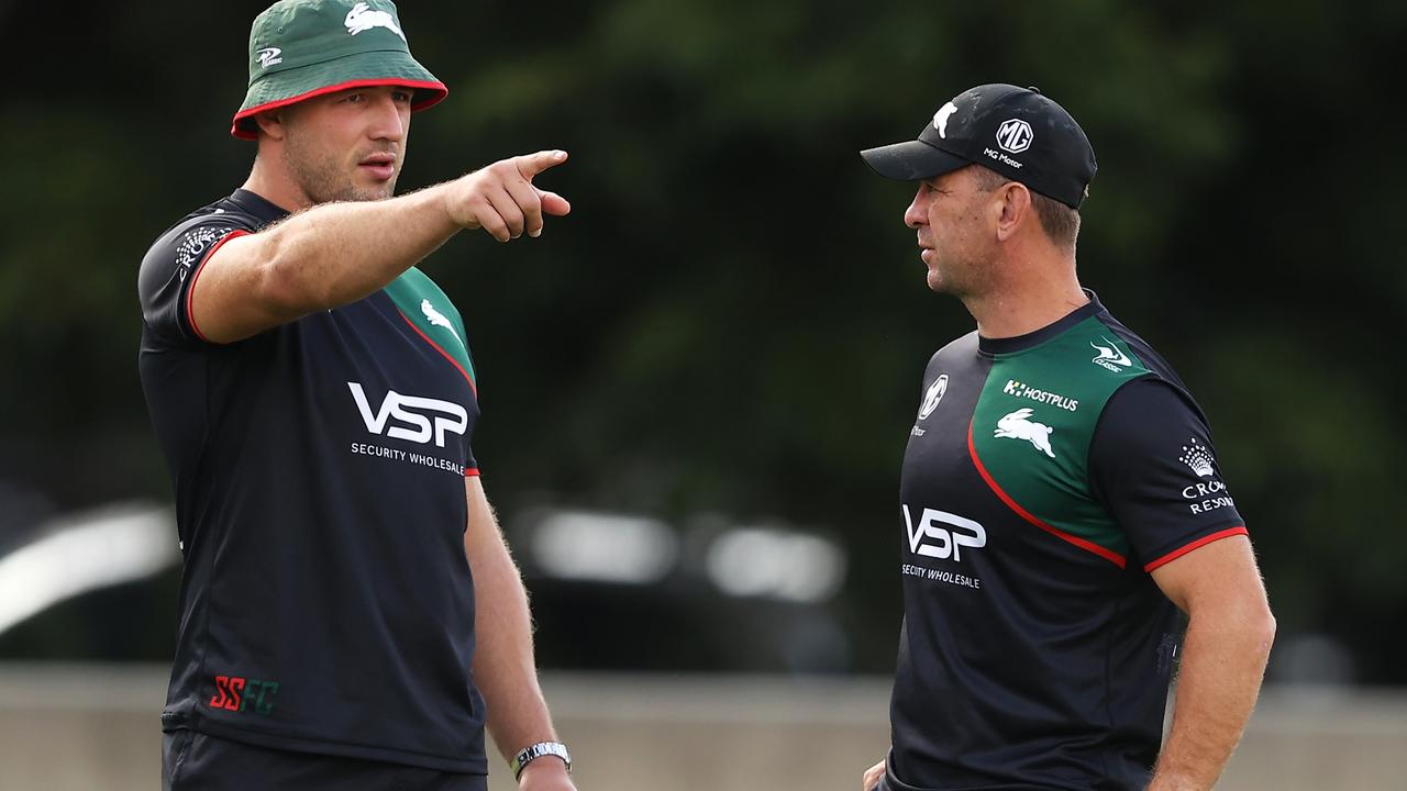 Sam Burgess speaks to Rabbitohs head coach Jason Demetriou. Picture: Mark Kolbe/Getty Images.