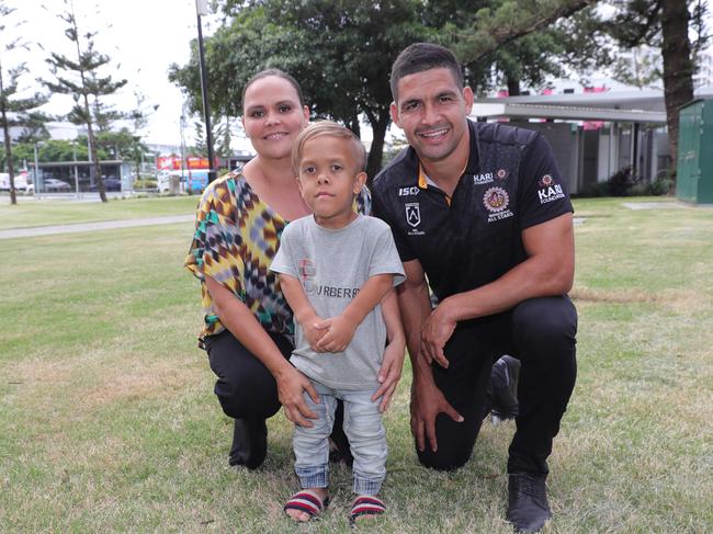 Quaden Bayles with his mother and NRL star Cody Walker at a press conference on Friday