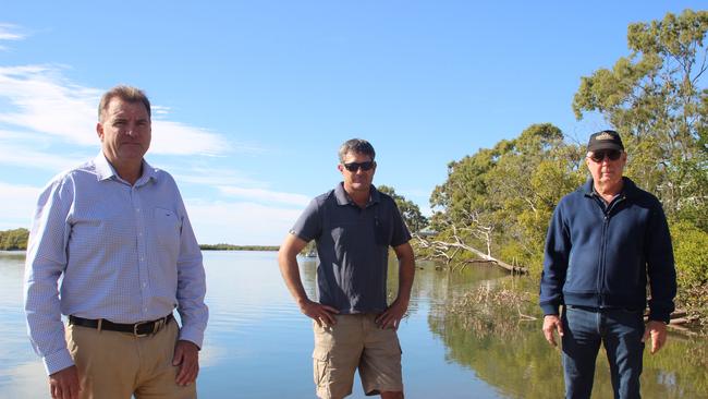 L to R: Stephen Bennett MP, Rocky Point Retreat owner Darren Rasmussen and Des Quinn, Winfield Resident at Baffle Creek.