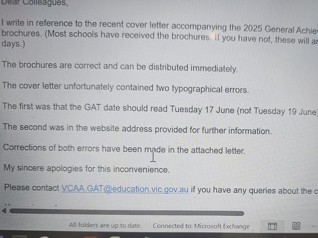 An email sent to teachers following the realisation of the errors. Picture: Supplied
