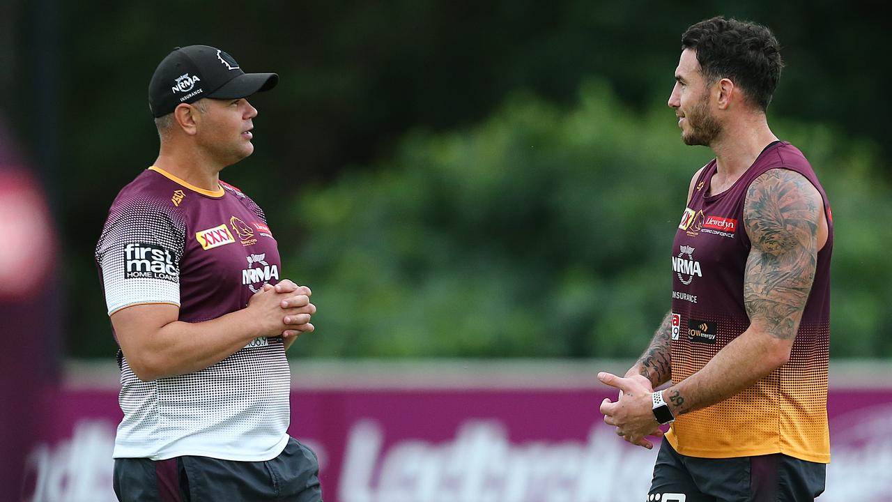 Coach Anthony Seibold and Darius Boyd talk during a Brisbane Broncos training session. Picture: AAP Image/Jono Searle