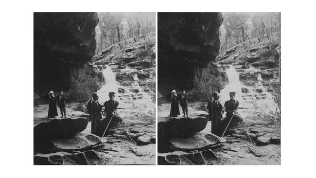 Walkers at a waterfall near Lorne in the early 20th Century. Picture: State Library of Victoria