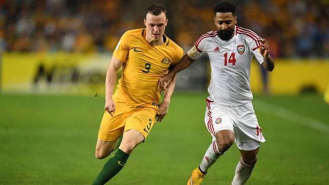 Socceroos defender Brad Smith, left, in action in a World Cup qualifier against United Arab Emirates in 2017. Picture: AAP