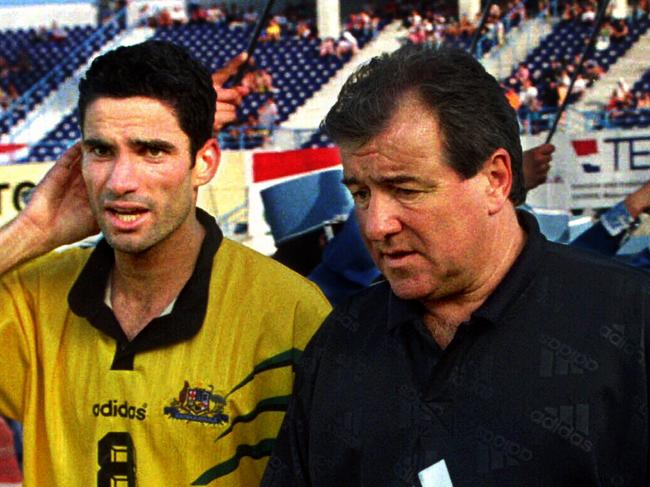 Soccer coach Terry Venables (r) with player Mark Babic.Soccer - Australia vs Croatia friendly match in Zagreb 06 Jun 1998.