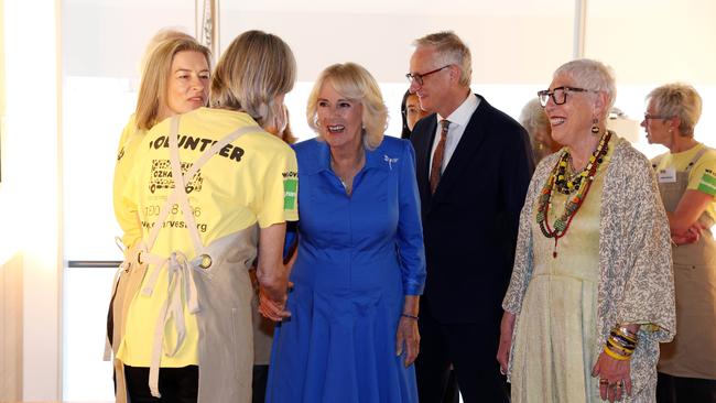 Queen Camilla visiting Refettorio OzHarvest, with Ms Ronni Khan AO, founder of OzHarvest, and His Excellency Mr Simeon Beckett SC, in Surry Hills. Picture: NewsWire / Tim Hunter