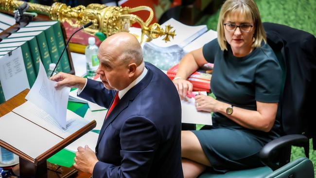 Victorian Treasurer Tim Pallas delivers the budget in Parliament House as Minister for Transport Infrastructure Jacinta Allan listens. Picture: Ian Currie