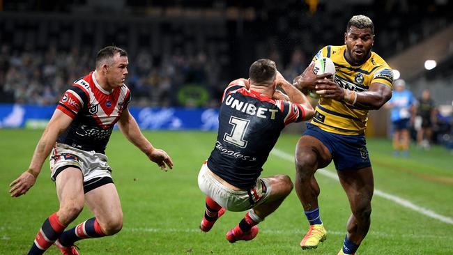 Maika Sivo barged over James Tedesco to score in the corner. Picture: AAP.