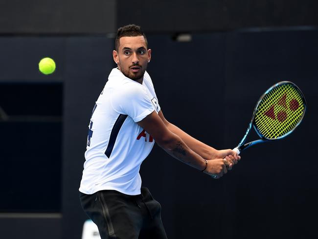 Nick Kyrgios hits the practice court at the Brisbane International.