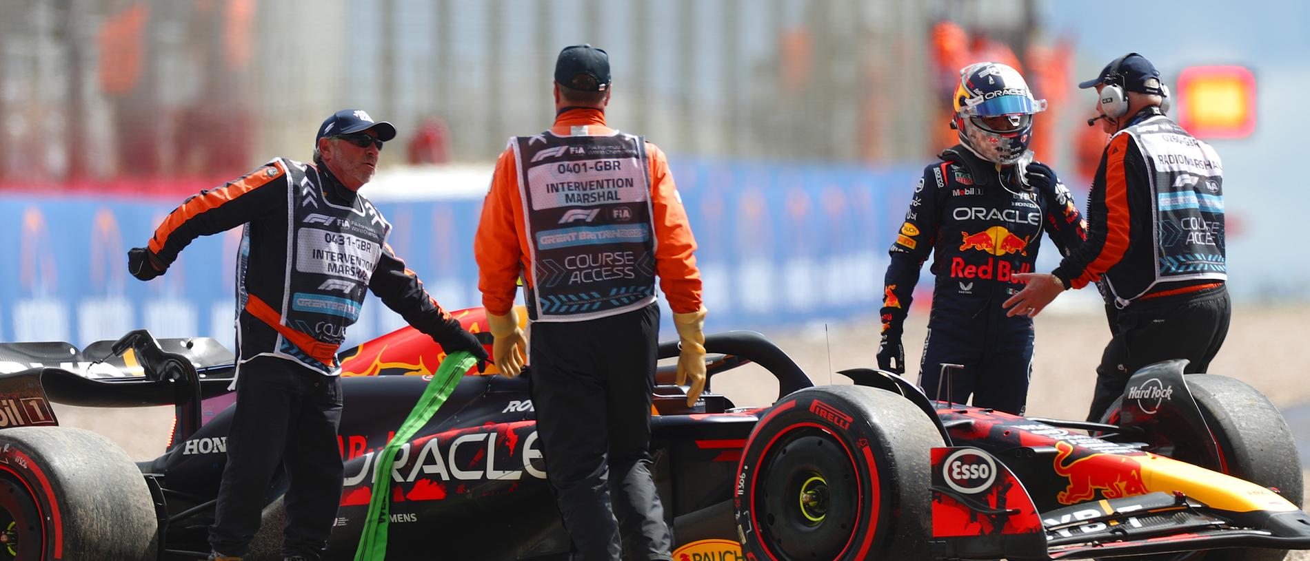 NORTHAMPTON, ENGLAND - JULY 06: Sergio Perez of Mexico and Oracle Red Bull Racing looks on after spinning out during qualifying ahead of the F1 Grand Prix of Great Britain at Silverstone Circuit on July 06, 2024 in Northampton, England. (Photo by Peter Fox - Formula 1/Formula 1 via Getty Images)