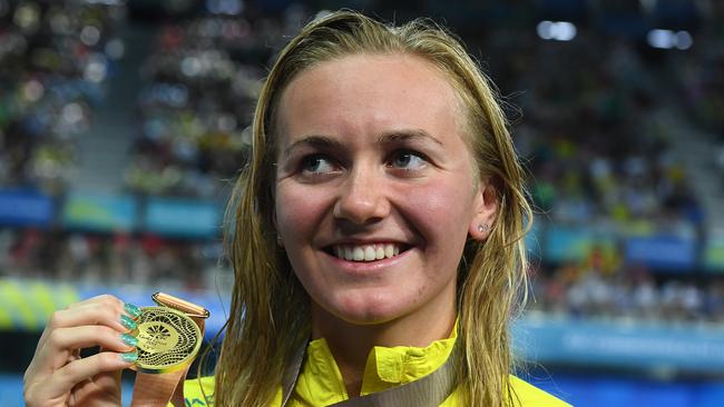 Ariarne Titmus of St Peters Western  after swimming in the 400m freestyle. (AAP Image/Dave Hunt)