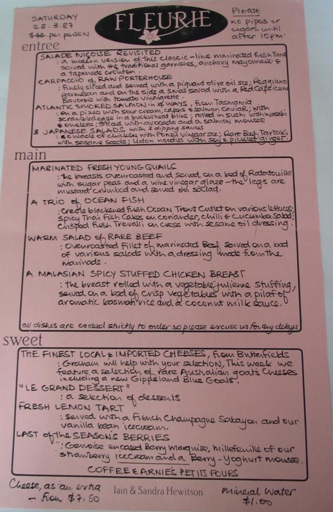 Menu from Hewitson’s Fleurie in 1987. Three courses for $44 seems like a bargain, but today the meal would cost in the hundreds per person. Picture: Supplied