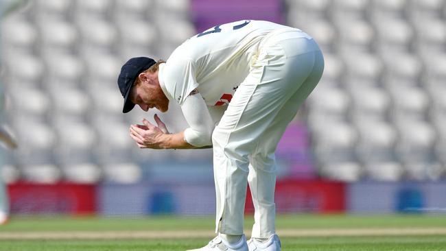 England captain Ben Stokes reacts after another West Indies boundary. Picture: Dan Mullan/Getty Images for ECB