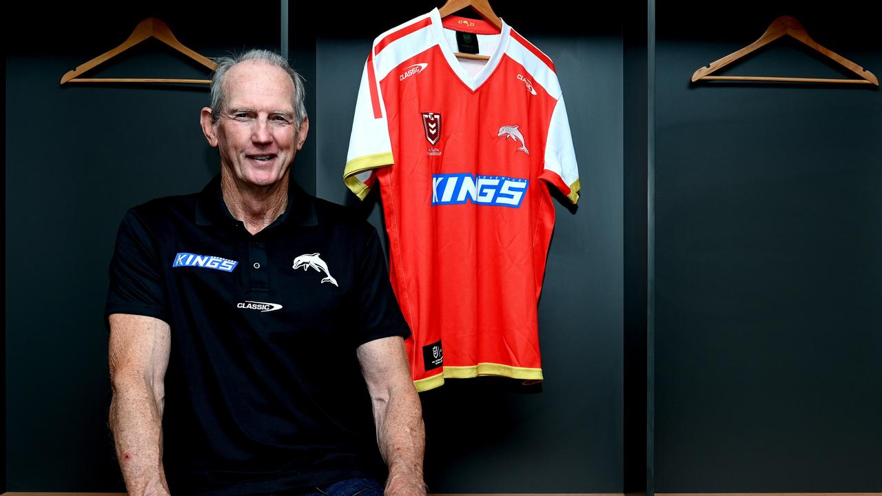 BRISBANE, AUSTRALIA - OCTOBER 27: Wayne Bennett poses for a photo with the revealing of the Dolphins jersey during a Dolphins NRL press conference at Suncorp Stadium on October 27, 2021 in Brisbane, Australia. (Photo by Bradley Kanaris/Getty Images)